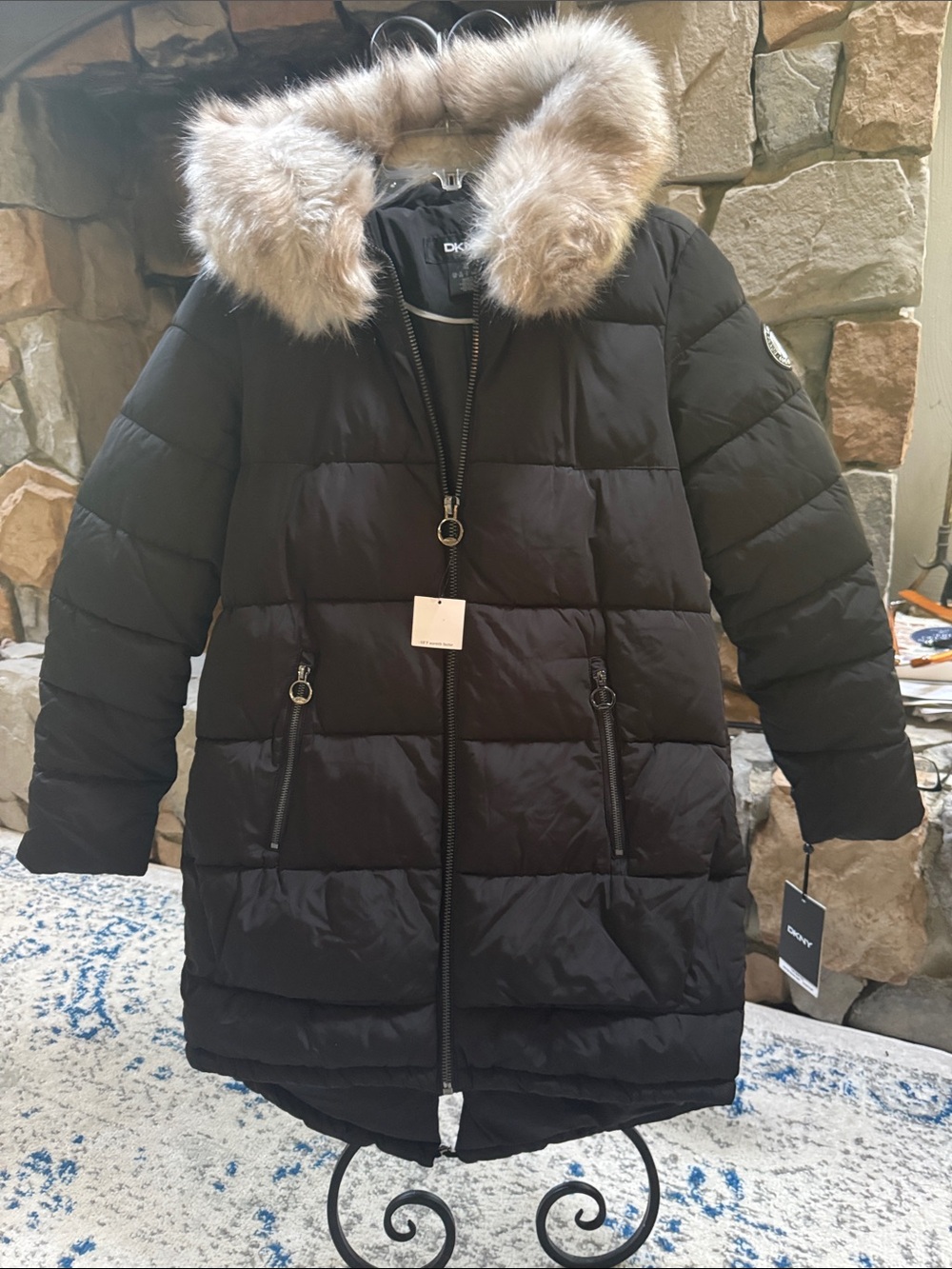 DKNY Black Puffer Coat with Faux Fur Hood
